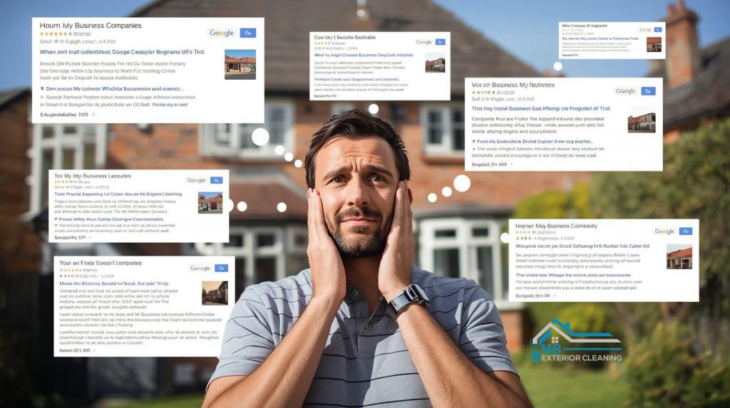 a man looking confused, a few google my business profiles around his head and he doesn't know How to Choose the Right Gutter Installation Company in Sutton