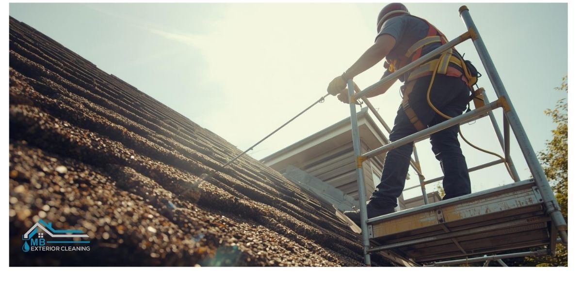 a man roof cleaning sutton - standing on a scaffolding with protective gear
