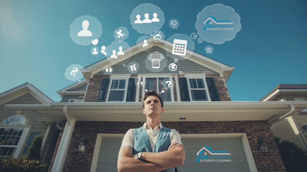 a man standing in front of a house with thoughts in a shape of a cloud, thinking about a gutter cleaning quote