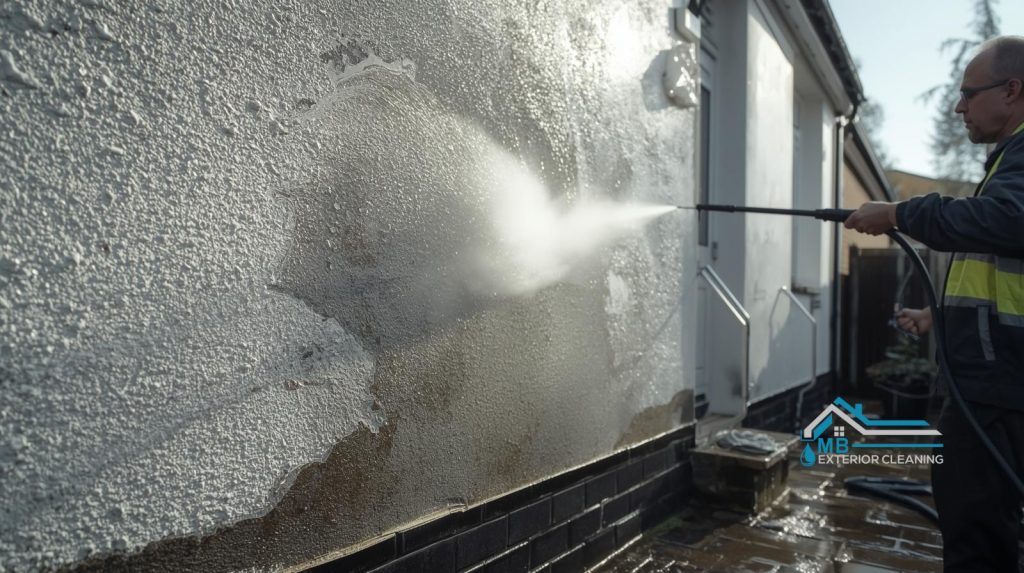 man render cleaning in worcester park uk with a pressure washer.
